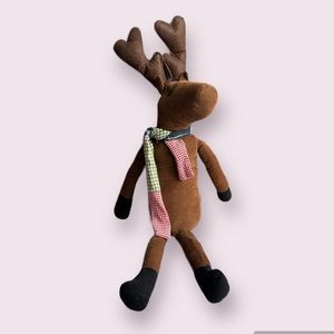 Decorative Shelf-sitting Corduroy brown reindeer, multicolor houndstooth scarf